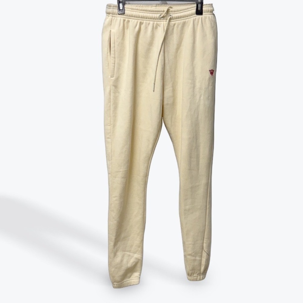 WRLDINVSN Mens Cream Fleece Jogger Sweatpants XL Red Logo Streetwear